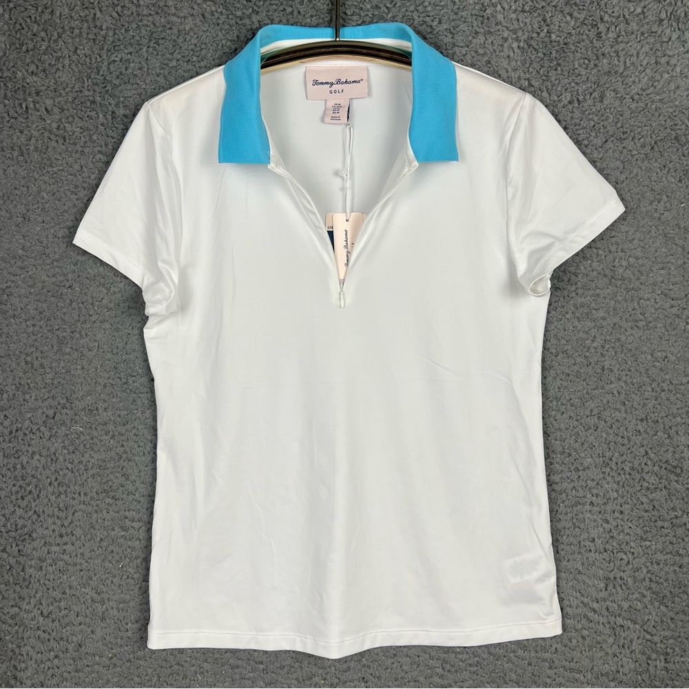 Tommy Bahama Women's White Polo Top with Turquoise Collar